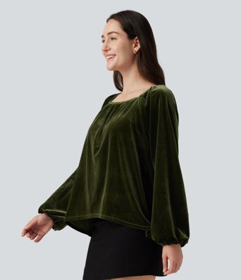 Square Neck Raglan Long Sleeve Pleated Velvet Casual Top