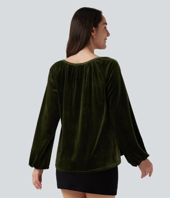 Square Neck Raglan Long Sleeve Pleated Velvet Casual Top