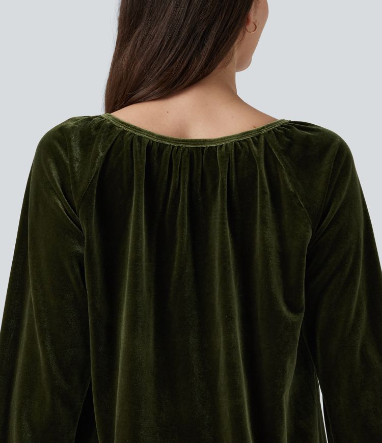 Square Neck Raglan Long Sleeve Pleated Velvet Casual Top