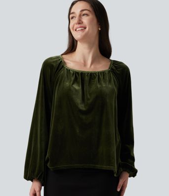 Square Neck Raglan Long Sleeve Pleated Velvet Casual Top