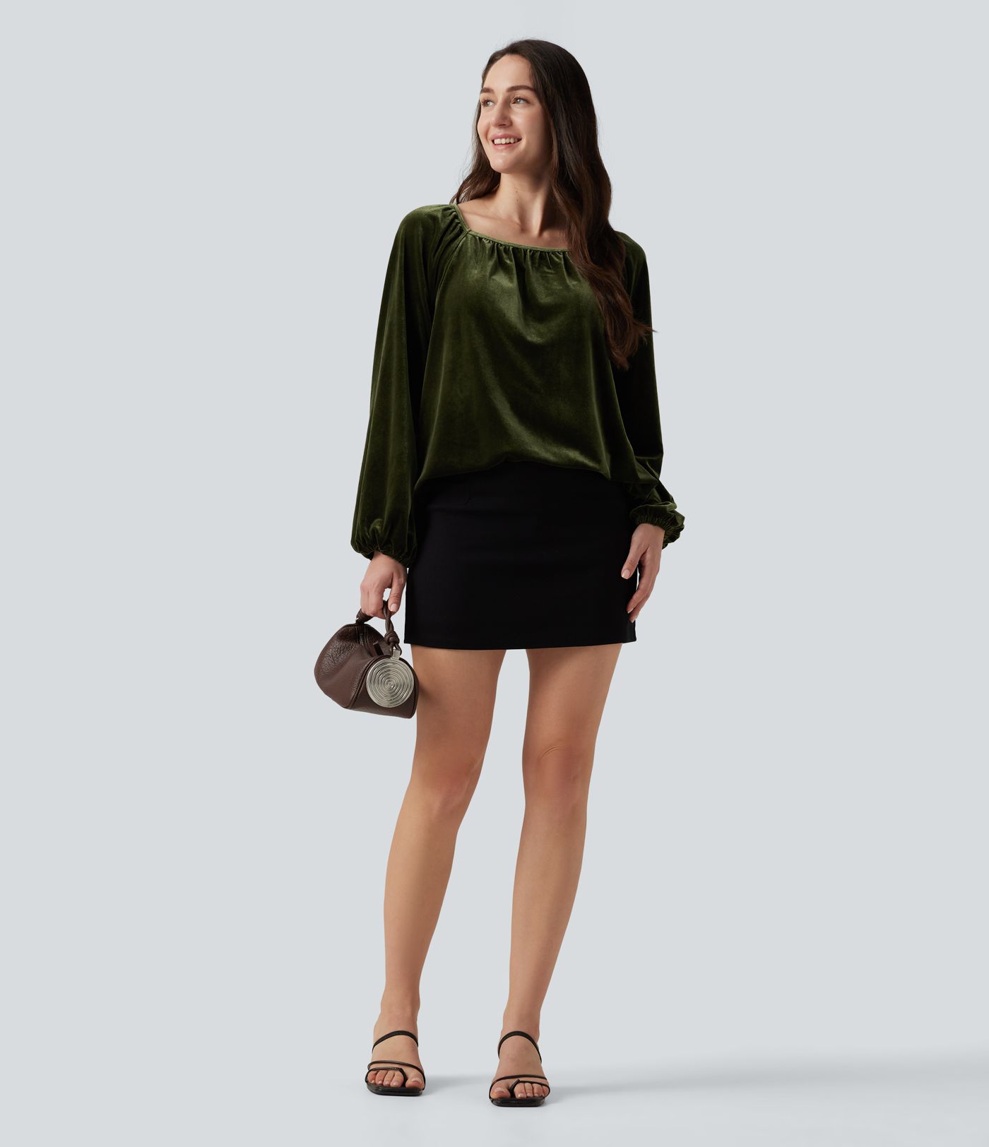 Square Neck Raglan Long Sleeve Pleated Velvet Casual Top