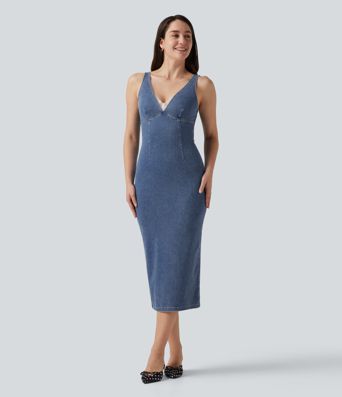 Halara Flex™ V Neck Denim Casual Midi Dress Halara Flex™ V Neck Denim Casual Midi Dress