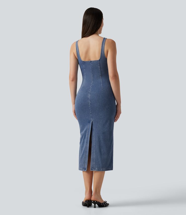 Halara Flex™ V Neck Denim Casual Midi Dress Halara Flex™ V Neck Denim Casual Midi Dress