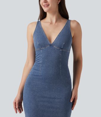 Halara Flex™ V Neck Denim Casual Midi Dress Halara Flex™ V Neck Denim Casual Midi Dress
