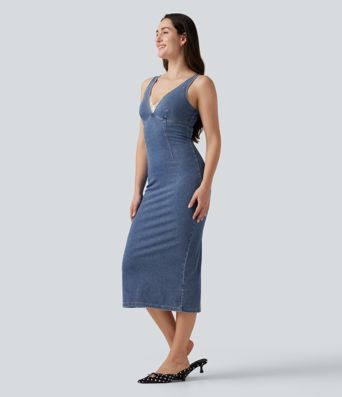Halara Flex™ V Neck Denim Casual Midi Dress Halara Flex™ V Neck Denim Casual Midi Dress