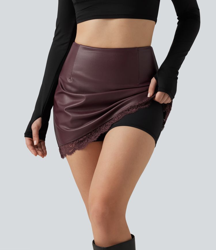 Jupe-short mini taille haute gainante coupe trapèze avec dentelle contrastée