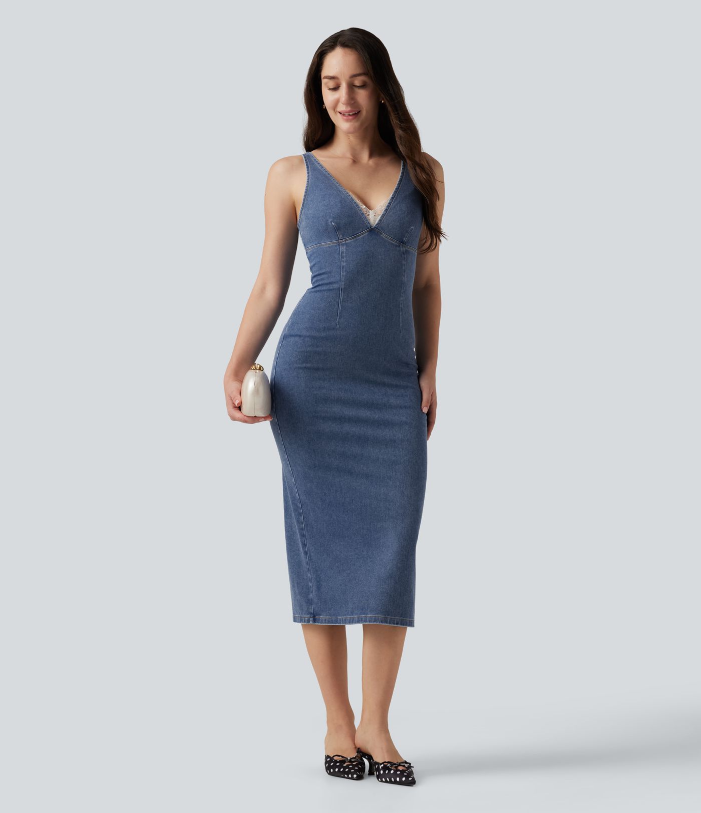 Halara Flex™ V Neck Denim Casual Midi Dress Halara Flex™ V Neck Denim Casual Midi Dress