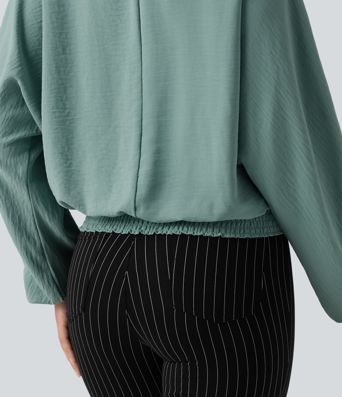 V Neck Batwing Long Sleeve Relaxed Work Blouse