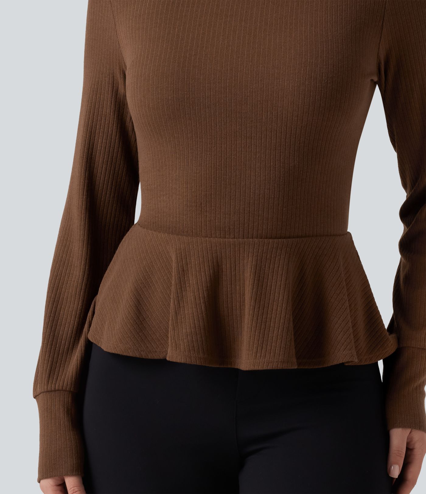 Ribbed Knit Mock Neck Long Sleeve Slim Ruffle Hem Casual Top Ribbed Knit Mock Neck Long Sleeve Slim Ruffle Hem Casual Top