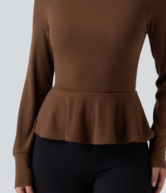 Ribbed Knit Mock Neck Long Sleeve Slim Ruffle Hem Casual Top Ribbed Knit Mock Neck Long Sleeve Slim Ruffle Hem Casual Top