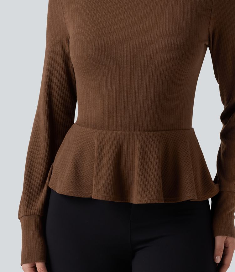 Ribbed Knit Mock Neck Long Sleeve Slim Ruffle Hem Casual Top Ribbed Knit Mock Neck Long Sleeve Slim Ruffle Hem Casual Top