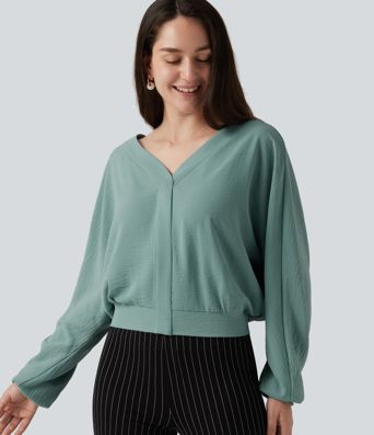 V Neck Batwing Long Sleeve Relaxed Work Blouse