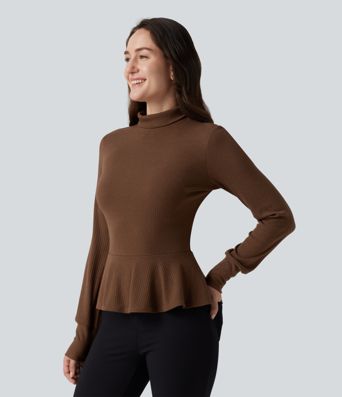 Ribbed Knit Mock Neck Long Sleeve Slim Ruffle Hem Casual Top Ribbed Knit Mock Neck Long Sleeve Slim Ruffle Hem Casual Top