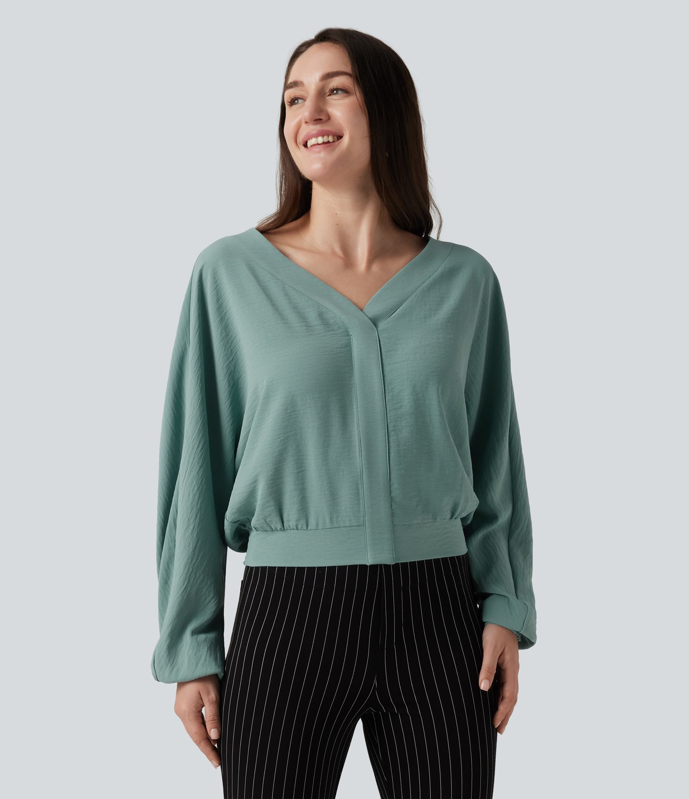 V Neck Batwing Long Sleeve Relaxed Work Blouse