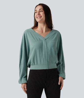 V Neck Batwing Long Sleeve Relaxed Work Blouse