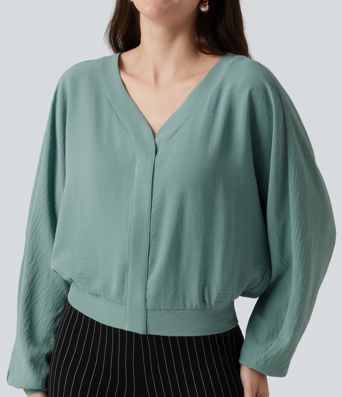 V Neck Batwing Long Sleeve Relaxed Work Blouse