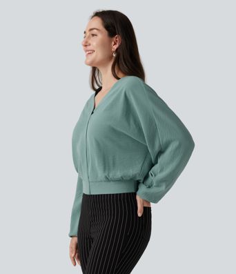V Neck Batwing Long Sleeve Relaxed Work Blouse
