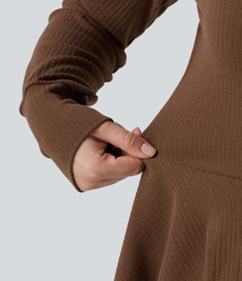 Ribbed Knit Mock Neck Long Sleeve Slim Ruffle Hem Casual Top Ribbed Knit Mock Neck Long Sleeve Slim Ruffle Hem Casual Top