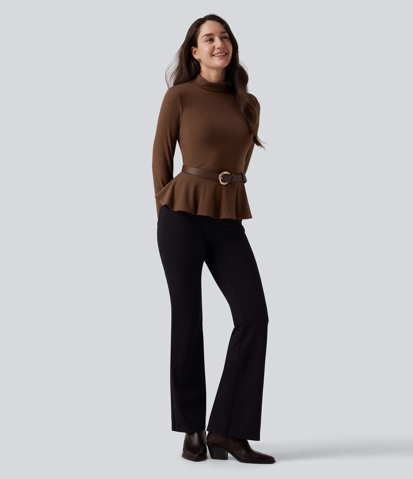 Ribbed Knit Mock Neck Long Sleeve Slim Ruffle Hem Casual Top Ribbed Knit Mock Neck Long Sleeve Slim Ruffle Hem Casual Top