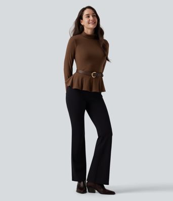Ribbed Knit Mock Neck Long Sleeve Slim Ruffle Hem Casual Top Ribbed Knit Mock Neck Long Sleeve Slim Ruffle Hem Casual Top