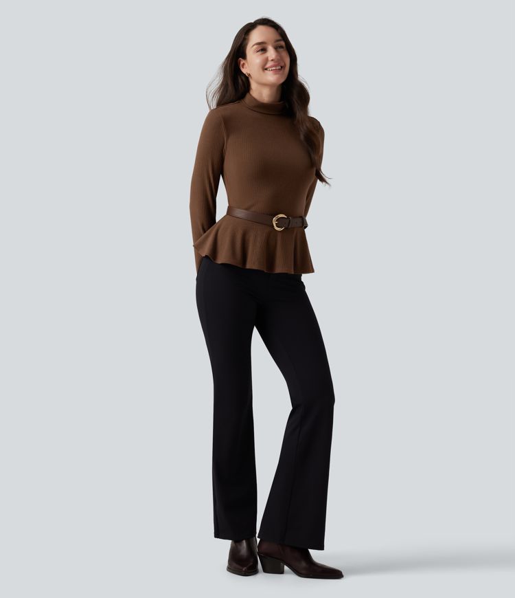 Ribbed Knit Mock Neck Long Sleeve Slim Ruffle Hem Casual Top Ribbed Knit Mock Neck Long Sleeve Slim Ruffle Hem Casual Top