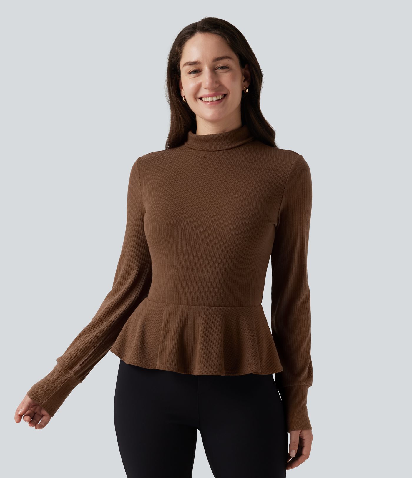 Ribbed Knit Mock Neck Long Sleeve Slim Ruffle Hem Casual Top Ribbed Knit Mock Neck Long Sleeve Slim Ruffle Hem Casual Top