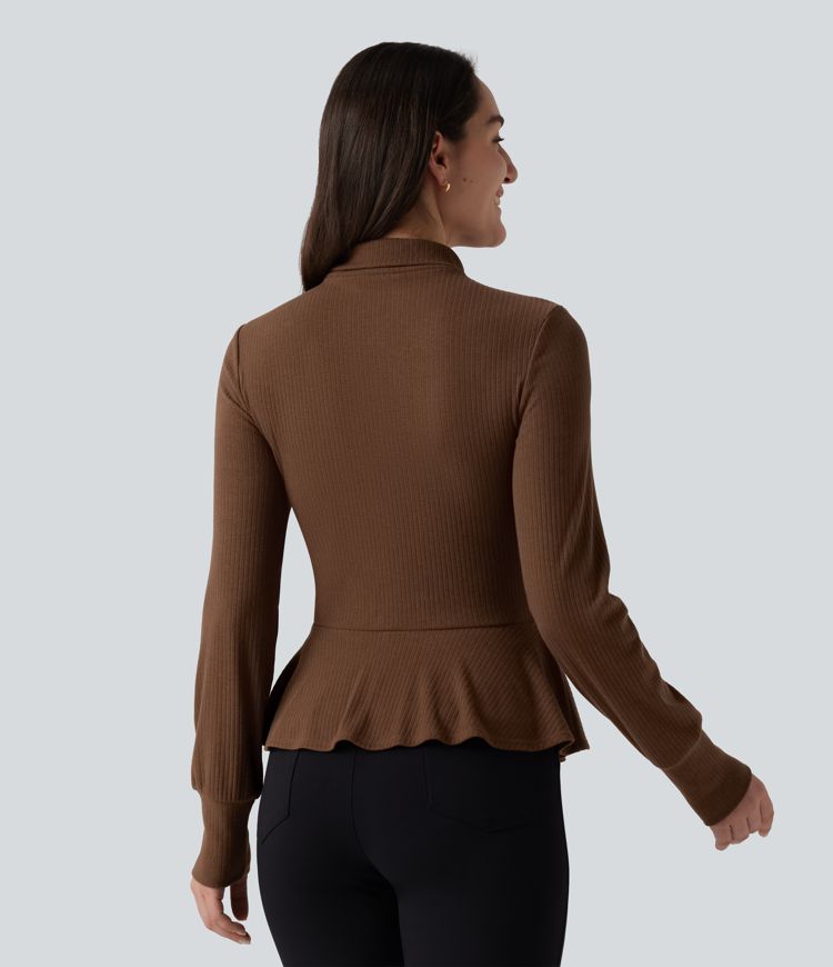 Ribbed Knit Mock Neck Long Sleeve Slim Ruffle Hem Casual Top Ribbed Knit Mock Neck Long Sleeve Slim Ruffle Hem Casual Top