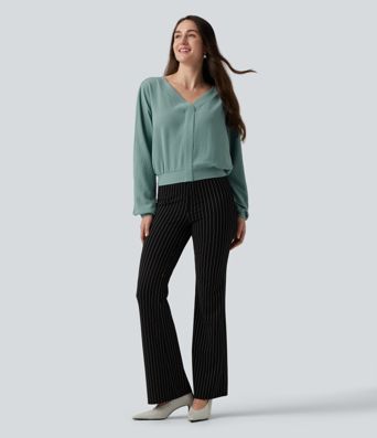 V Neck Batwing Long Sleeve Relaxed Work Blouse