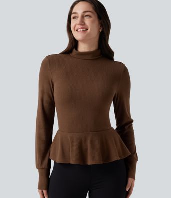 Ribbed Knit Mock Neck Long Sleeve Slim Ruffle Hem Casual Top Ribbed Knit Mock Neck Long Sleeve Slim Ruffle Hem Casual Top