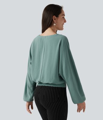V Neck Batwing Long Sleeve Relaxed Work Blouse