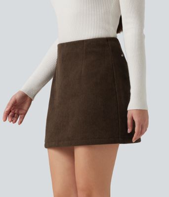Mini-jupe courte taille haute, coupe évasée (A-line), en velours côtelé doublée polaire, style décontracté, avec short intégré Mini-jupe courte taille haute, coupe évasée (A-line), en velours côtelé doublée polaire, style décontracté, avec short intégré