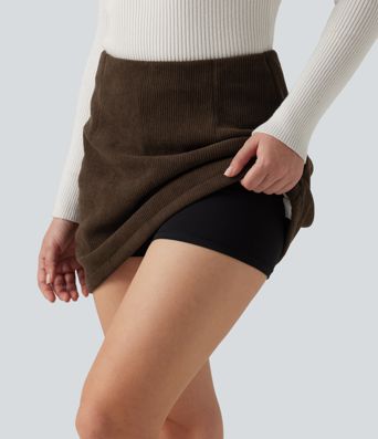 Mini-jupe courte taille haute, coupe évasée (A-line), en velours côtelé doublée polaire, style décontracté, avec short intégré Mini-jupe courte taille haute, coupe évasée (A-line), en velours côtelé doublée polaire, style décontracté, avec short intégré