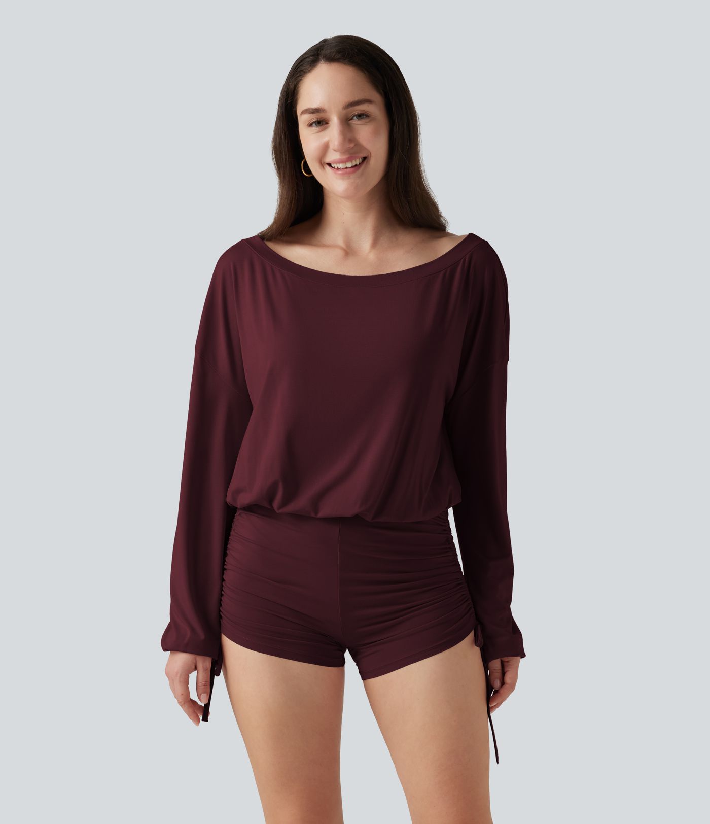Long Sleeve Ruched Lace Up Lounge Romper -Easy Peezy Edition