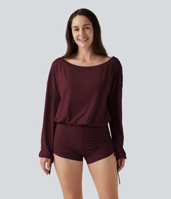 Long Sleeve Ruched Lace Up Lounge Romper -Easy Peezy Edition