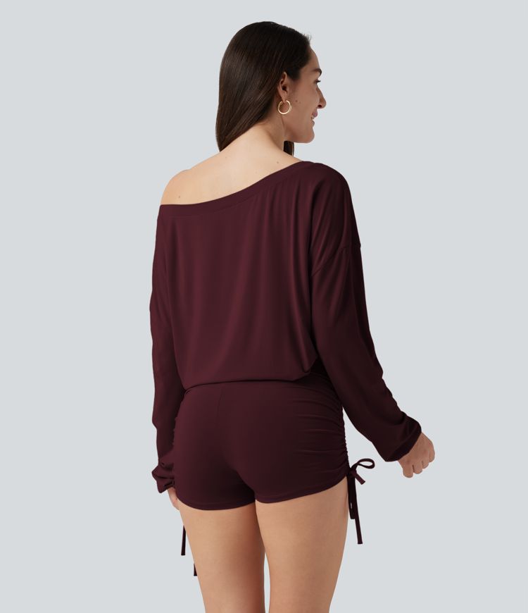 Long Sleeve Ruched Lace Up Lounge Romper -Easy Peezy Edition