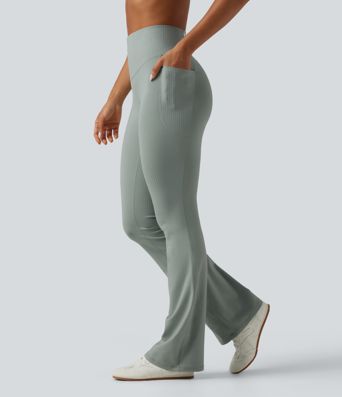 Ribbed Knit High Waisted Tummy Control Bootcut Workout Leggings with Pockets