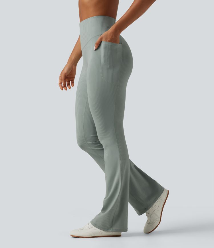 Ribbed Knit High Waisted Tummy Control Bootcut Workout Leggings with Pockets