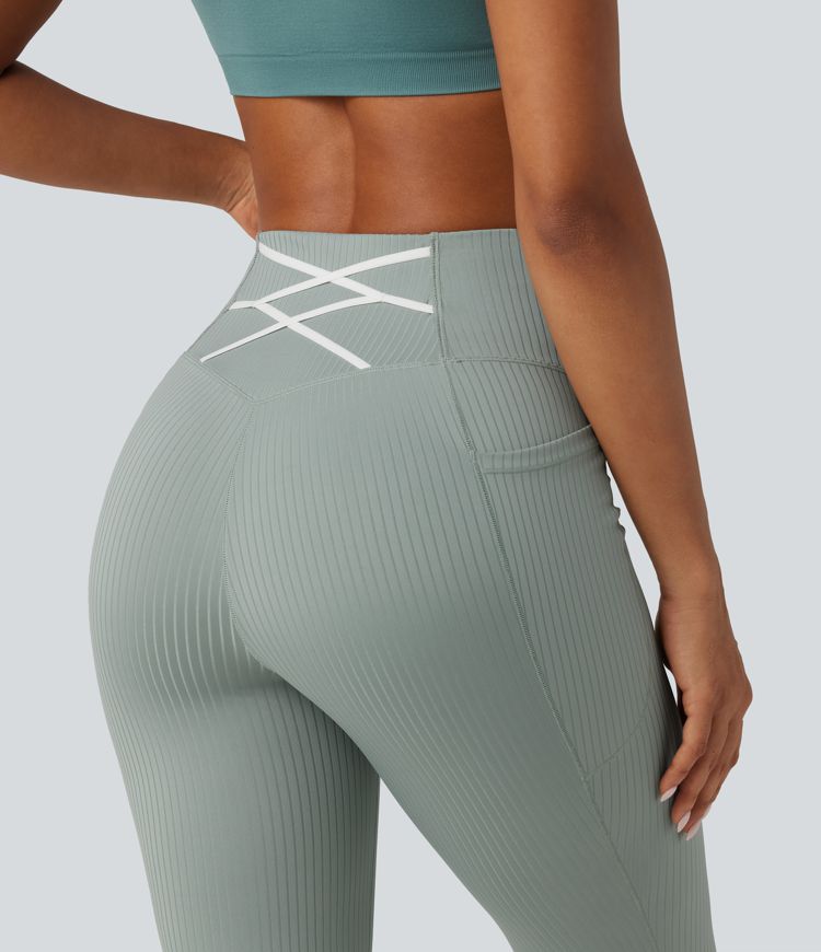 Ribbed Knit High Waisted Tummy Control Bootcut Workout Leggings with Pockets