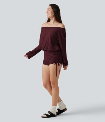 Long Sleeve Ruched Lace Up Lounge Romper -Easy Peezy Edition