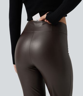 Mid Rise Stretchy PU Fleece Bootcut Casual Pants with Pocket