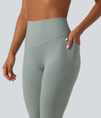 Ribbed Knit High Waisted Tummy Control Bootcut Workout Leggings with Pockets