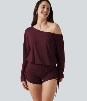 Long Sleeve Ruched Lace Up Lounge Romper -Easy Peezy Edition