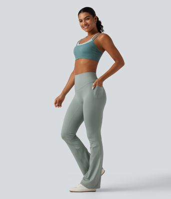 Ribbed Knit High Waisted Tummy Control Bootcut Workout Leggings with Pockets