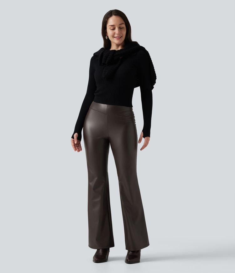 Mid Rise Stretchy PU Fleece Bootcut Casual Pants with Pocket