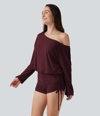 Long Sleeve Ruched Lace Up Lounge Romper -Easy Peezy Edition