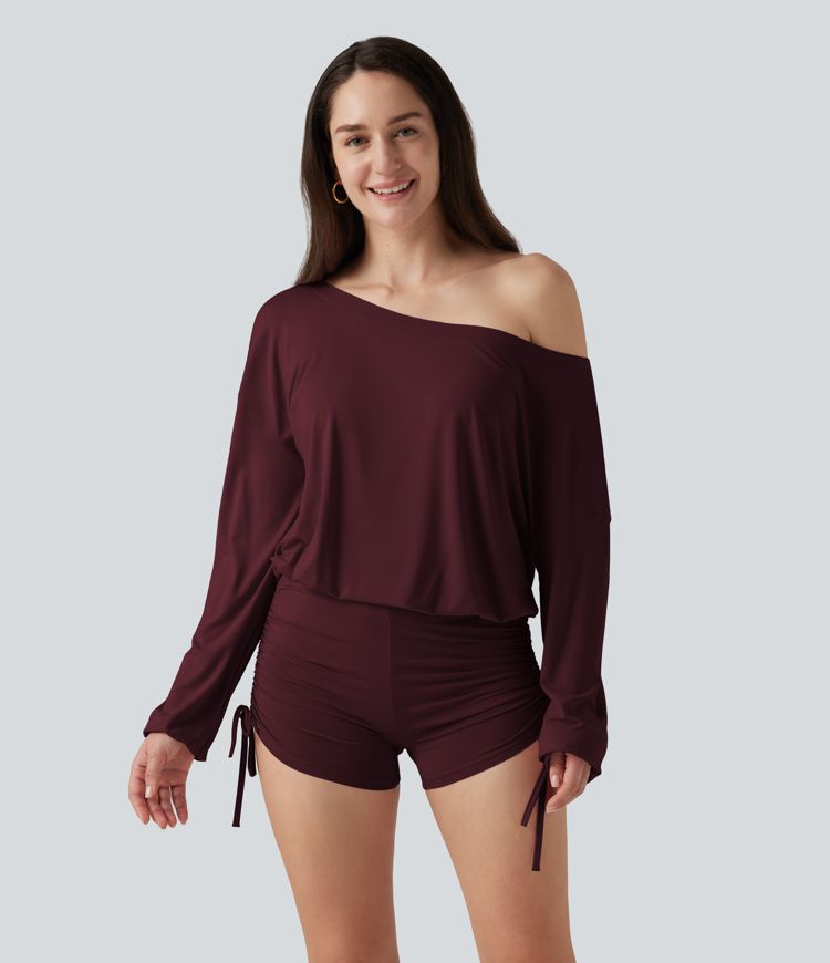 Long Sleeve Ruched Lace Up Lounge Romper -Easy Peezy Edition