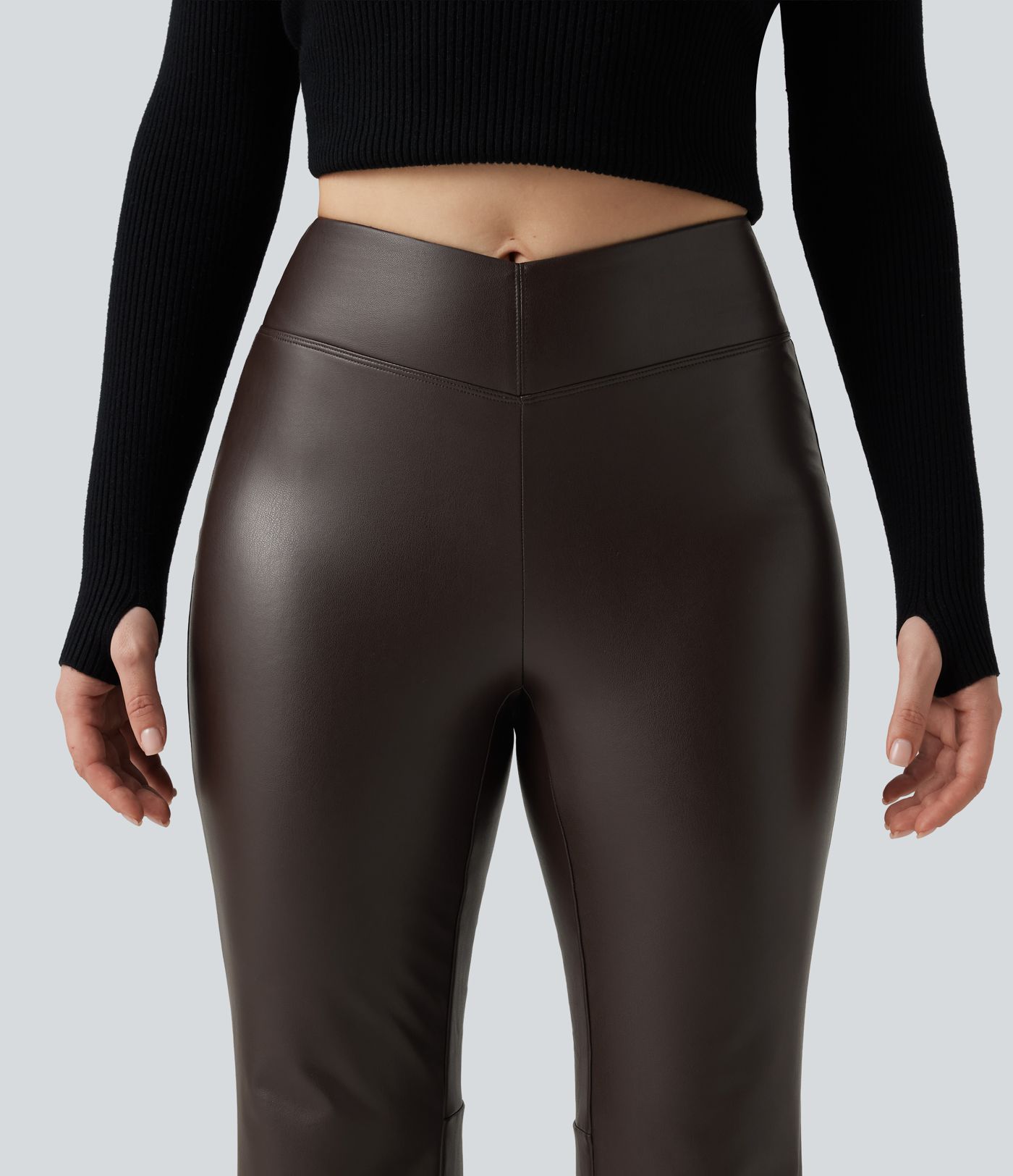 Mid Rise Stretchy PU Fleece Bootcut Casual Pants with Pocket