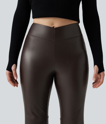 Mid Rise Stretchy PU Fleece Bootcut Casual Pants with Pocket