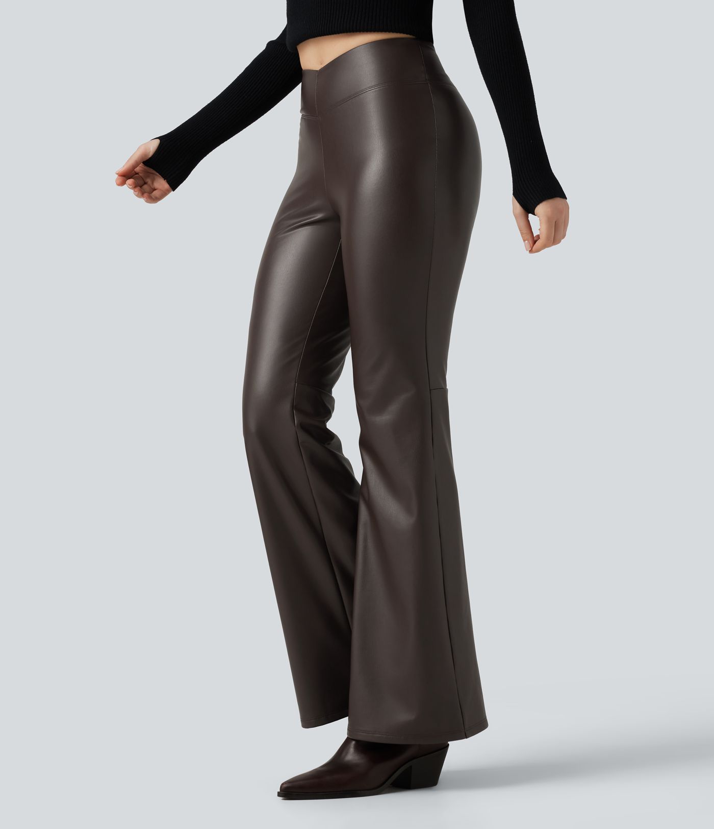 Mid Rise Stretchy PU Fleece Bootcut Casual Pants with Pocket
