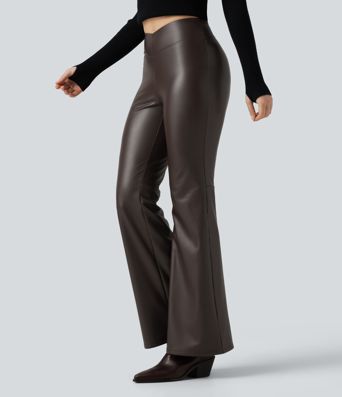Mid Rise Stretchy PU Fleece Bootcut Casual Pants with Pocket